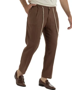Pantaloni uomo lino tasche america elastico sul retro pinces laccio marrone GIOSAL-P6498A