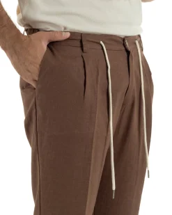 Pantaloni uomo lino tasche america elastico sul retro pinces laccio marrone GIOSAL-P6498A