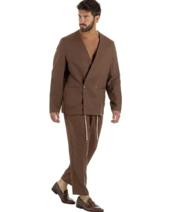 Pantaloni uomo lino tasche america elastico sul retro pinces laccio marrone GIOSAL-P6498A
