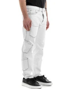 Pantaloni Uomo Lungo Cargo Jeans Bianco Tasche Straight Fit GIOSAL-P5661A