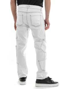Pantaloni Uomo Lungo Cargo Jeans Bianco Tasche Straight Fit GIOSAL-P5661A