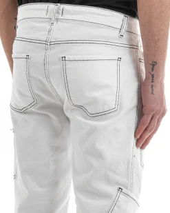 Pantaloni Uomo Lungo Cargo Jeans Bianco Tasche Straight Fit GIOSAL-P5661A