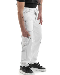 Pantaloni Uomo Lungo Cargo Jeans Bianco Tasche Straight Fit GIOSAL-P5661A