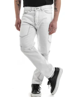 Pantaloni Uomo Lungo Cargo Jeans Bianco Tasche Straight Fit GIOSAL-P5661A