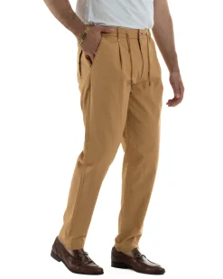 Pantaloni uomo pantalaccio chino lino elastico sul retro camel BERNA M-261237