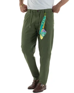 Pantaloni uomo pantalaccio chino lino elastico sul retro verde militare BERNA M-261237
