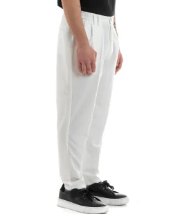 Pantaloni Uomo Pantalaccio Comodo Viscosa Con Elastico Con Pinces Straight Fit Tinta Unita Bianco GIOSAL-P5649A