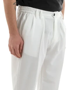 Pantaloni Uomo Pantalaccio Comodo Viscosa Con Elastico Con Pinces Straight Fit Tinta Unita Bianco GIOSAL-P5649A