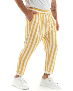 Pantaloni Uomo Pantalaccio Cotone Viscosa Lungo Jogger Casual Con Coulisse Con Elastico Rigato Giallo GIOSAL-P5874A