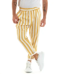 Pantaloni Uomo Pantalaccio Cotone Viscosa Lungo Jogger Casual Con Coulisse Con Elastico Rigato Giallo GIOSAL-P5874A