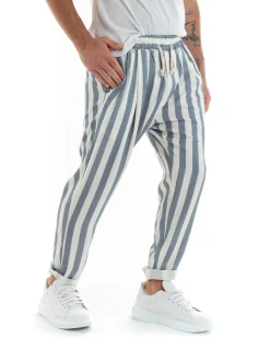 Pantaloni Uomo Pantalaccio Cotone Viscosa Lungo Jogger Casual Con Coulisse Con Elastico Rigato Blu GIOSAL-P5876A