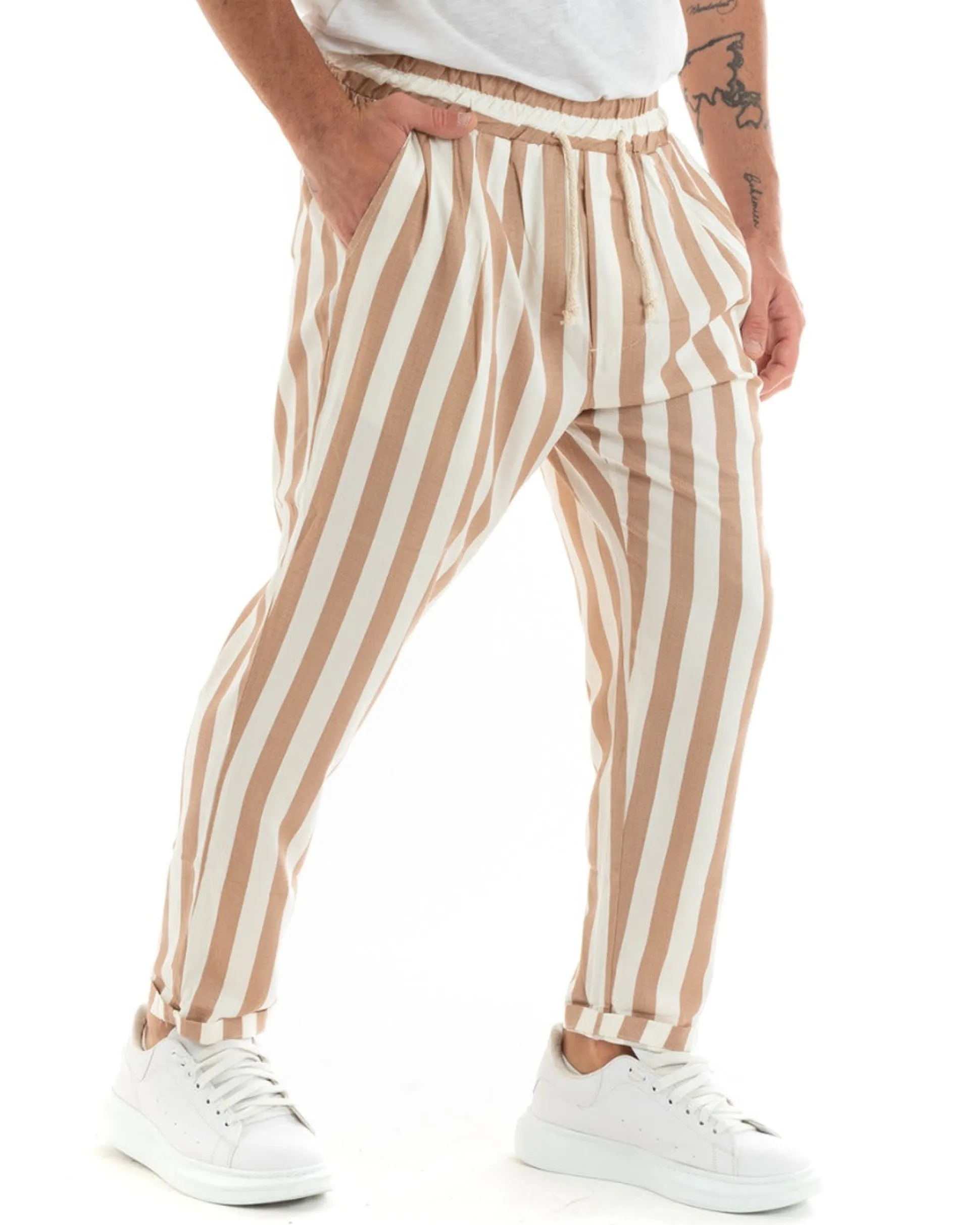 Pantaloni Uomo Pantalaccio Cotone Viscosa Lungo Jogger Casual Con Coulisse Con Elastico Rigato Beige GIOSAL-P5878A