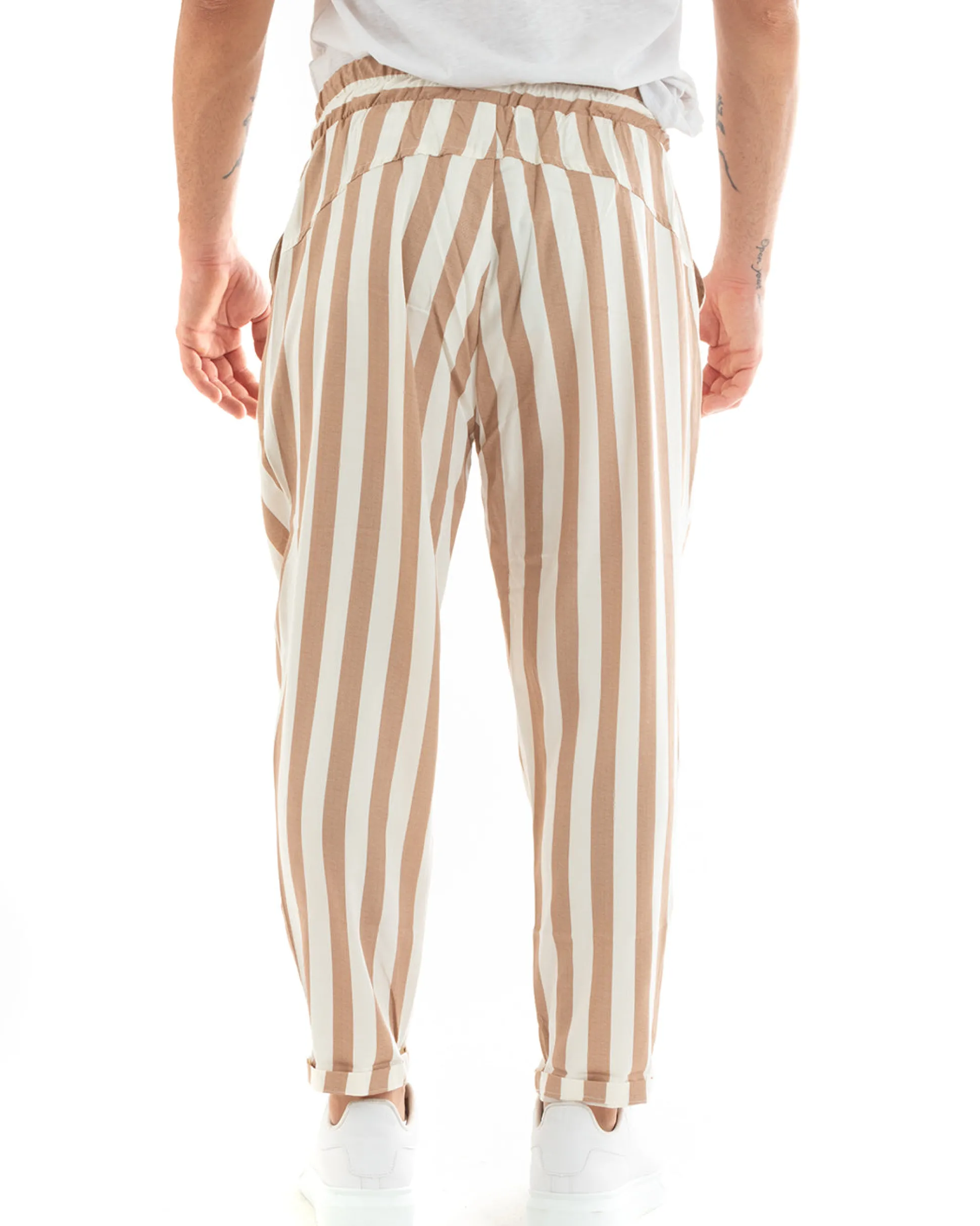 Pantaloni Uomo Pantalaccio Cotone Viscosa Lungo Jogger Casual Con Coulisse Con Elastico Rigato Beige GIOSAL-P5878A