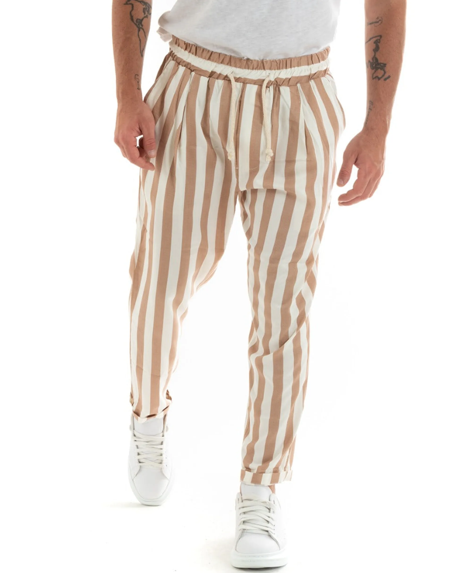 Pantaloni Uomo Pantalaccio Cotone Viscosa Lungo Jogger Casual Con Coulisse Con Elastico Rigato Beige GIOSAL-P5878A