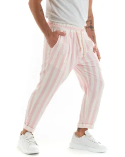 Pantaloni Uomo Pantalaccio Cotone Viscosa Lungo Jogger Casual Con Coulisse Con Elastico Rigato Rosa GIOSAL-P5873A
