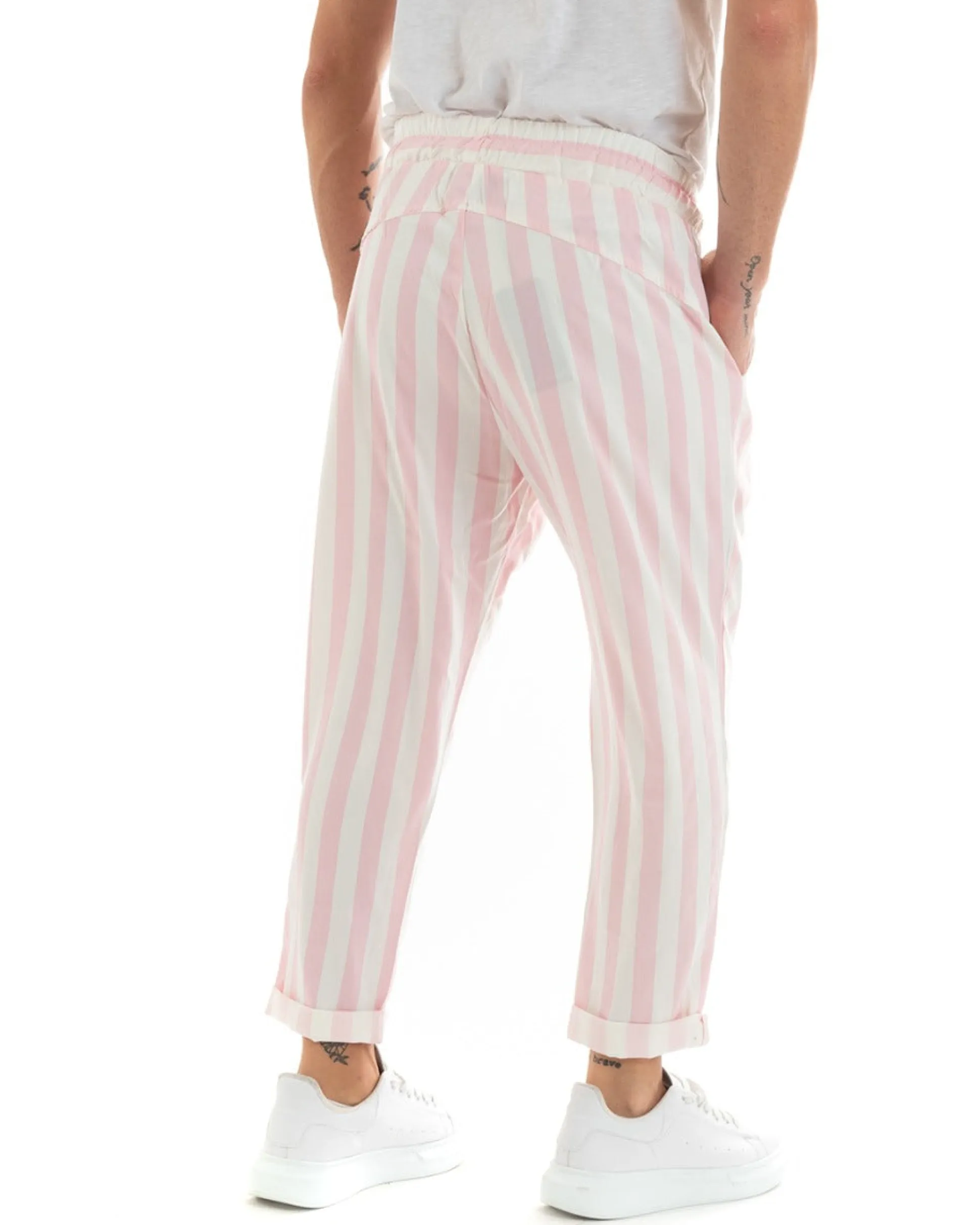 Pantaloni Uomo Pantalaccio Cotone Viscosa Lungo Jogger Casual Con Coulisse Con Elastico Rigato Rosa GIOSAL-P5873A