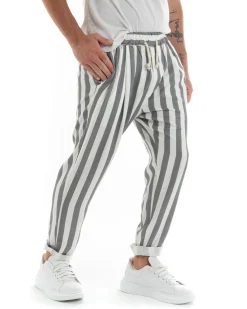 Pantaloni Uomo Pantalaccio Cotone Viscosa Lungo Jogger Casual Con Coulisse Con Elastico Rigato Nero GIOSAL-P5877A