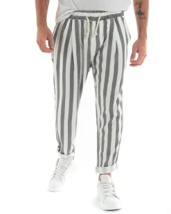 Pantaloni Uomo Pantalaccio Cotone Viscosa Lungo Jogger Casual Con Coulisse Con Elastico Rigato Nero GIOSAL-P5877A