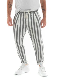 Pantaloni Uomo Pantalaccio Cotone Viscosa Lungo Jogger Casual Con Coulisse Con Elastico Rigato Nero GIOSAL-P5877A