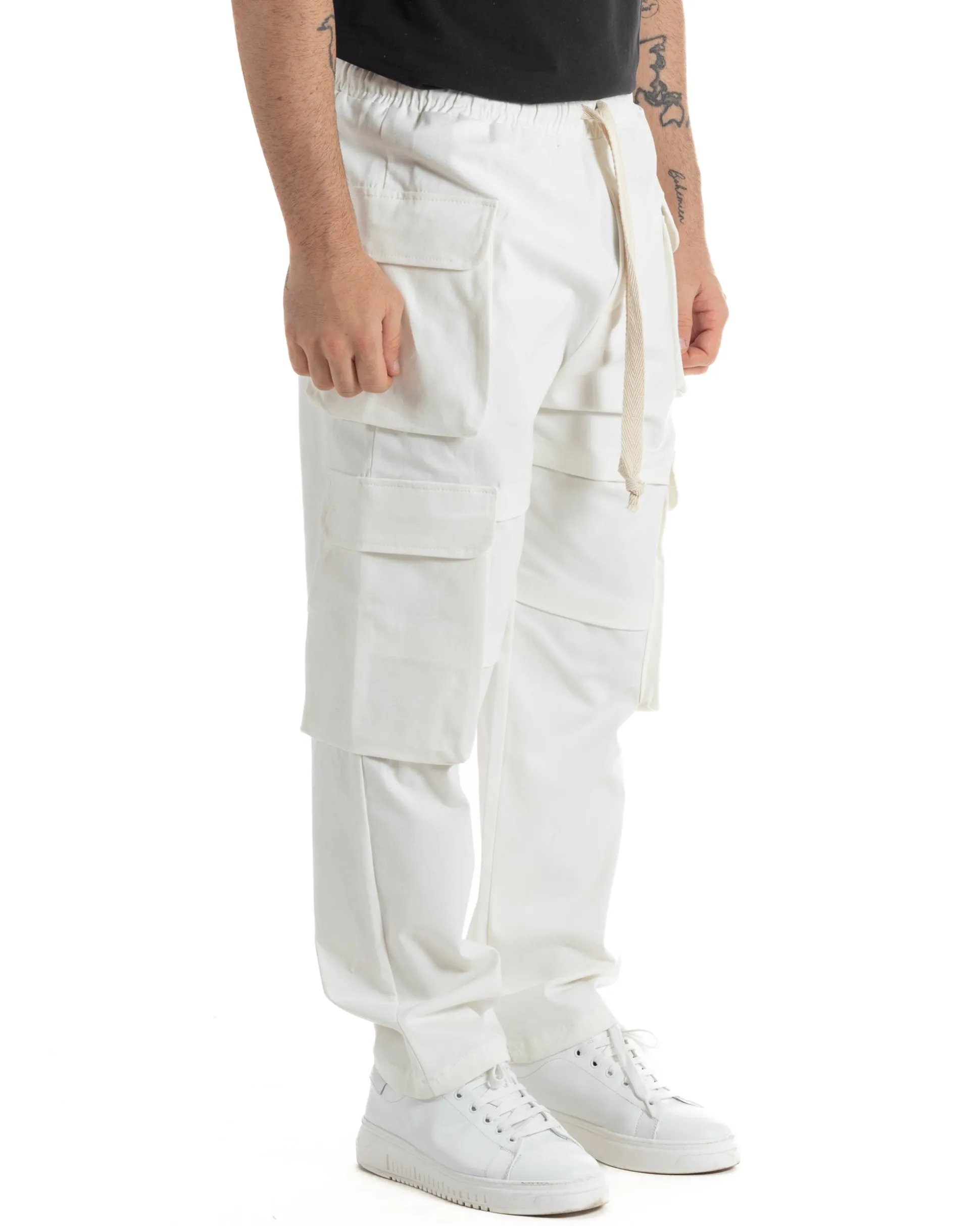 Pantaloni Uomo Pantalaccio Con Tasconi Cargo Baggy Bianco Con Coulisse Fondo Largo GIOSAL-P6007A