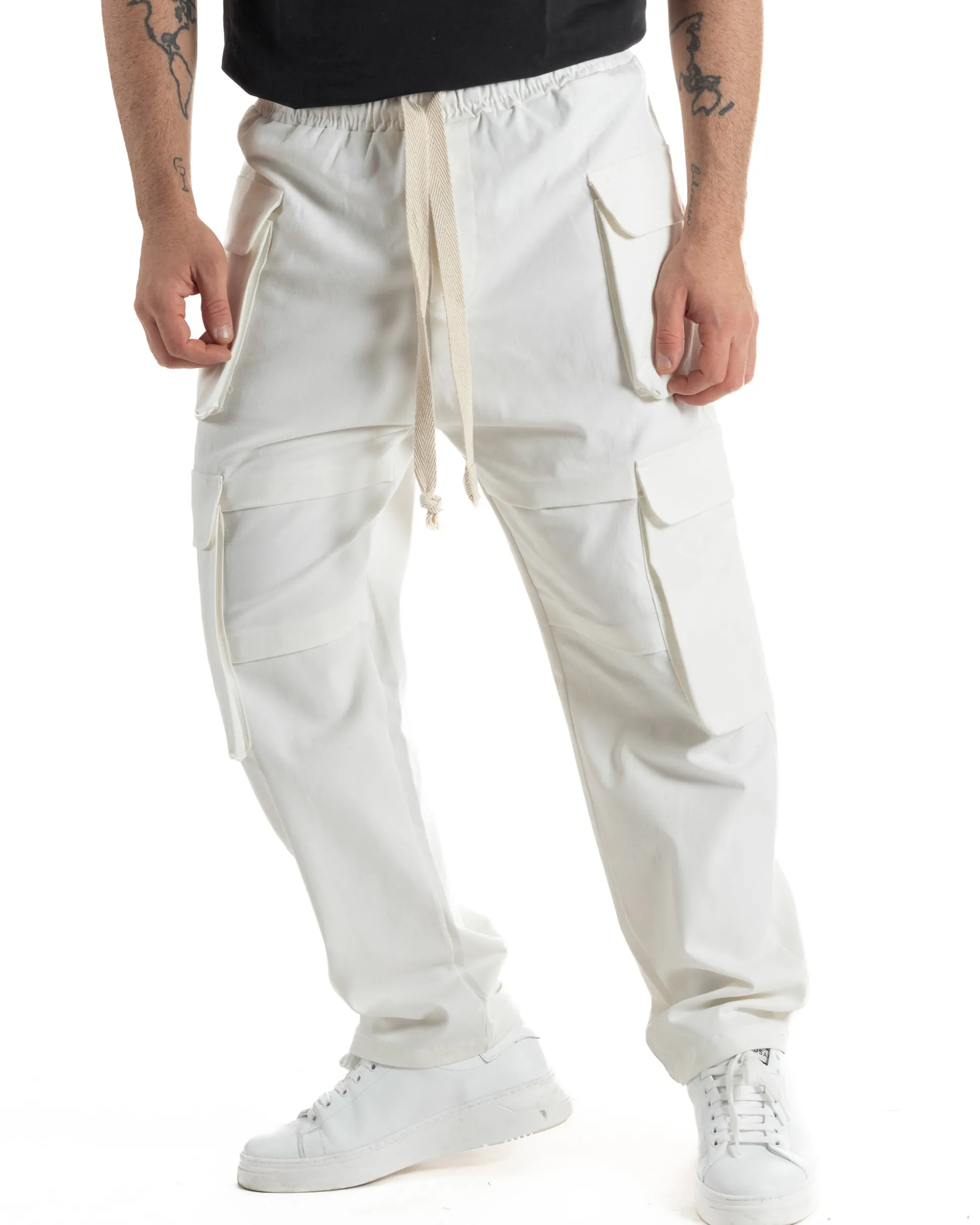 Pantaloni Uomo Pantalaccio Con Tasconi Cargo Baggy Bianco Con Coulisse Fondo Largo GIOSAL-P6007A