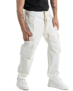 Pantaloni Uomo Pantalaccio Con Tasconi Cargo Baggy Bianco Con Coulisse Fondo Largo GIOSAL-P6007A