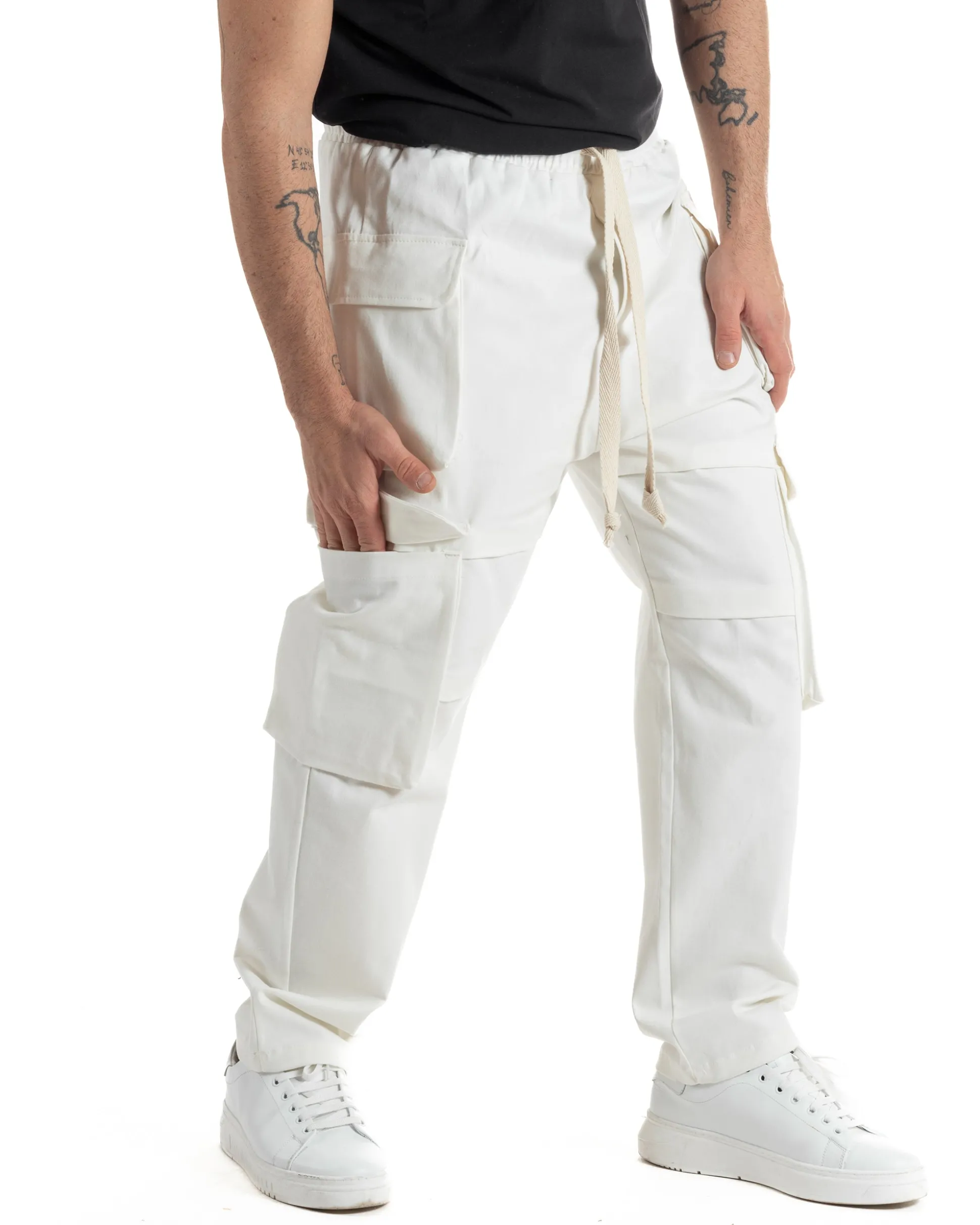 Pantaloni Uomo Pantalaccio Con Tasconi Cargo Baggy Bianco Con Coulisse Fondo Largo GIOSAL-P6007A