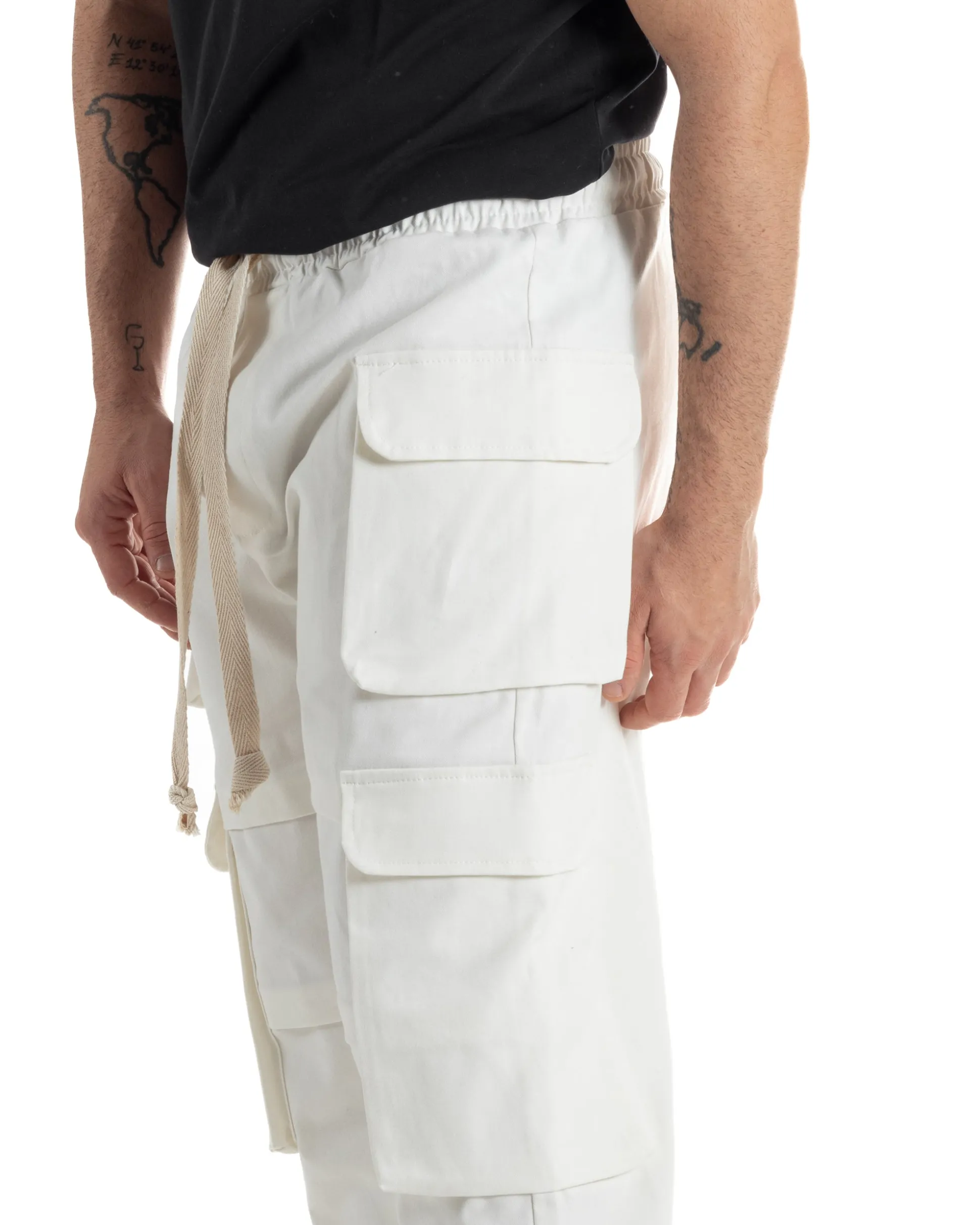 Pantaloni Uomo Pantalaccio Con Tasconi Cargo Baggy Bianco Con Coulisse Fondo Largo GIOSAL-P6007A