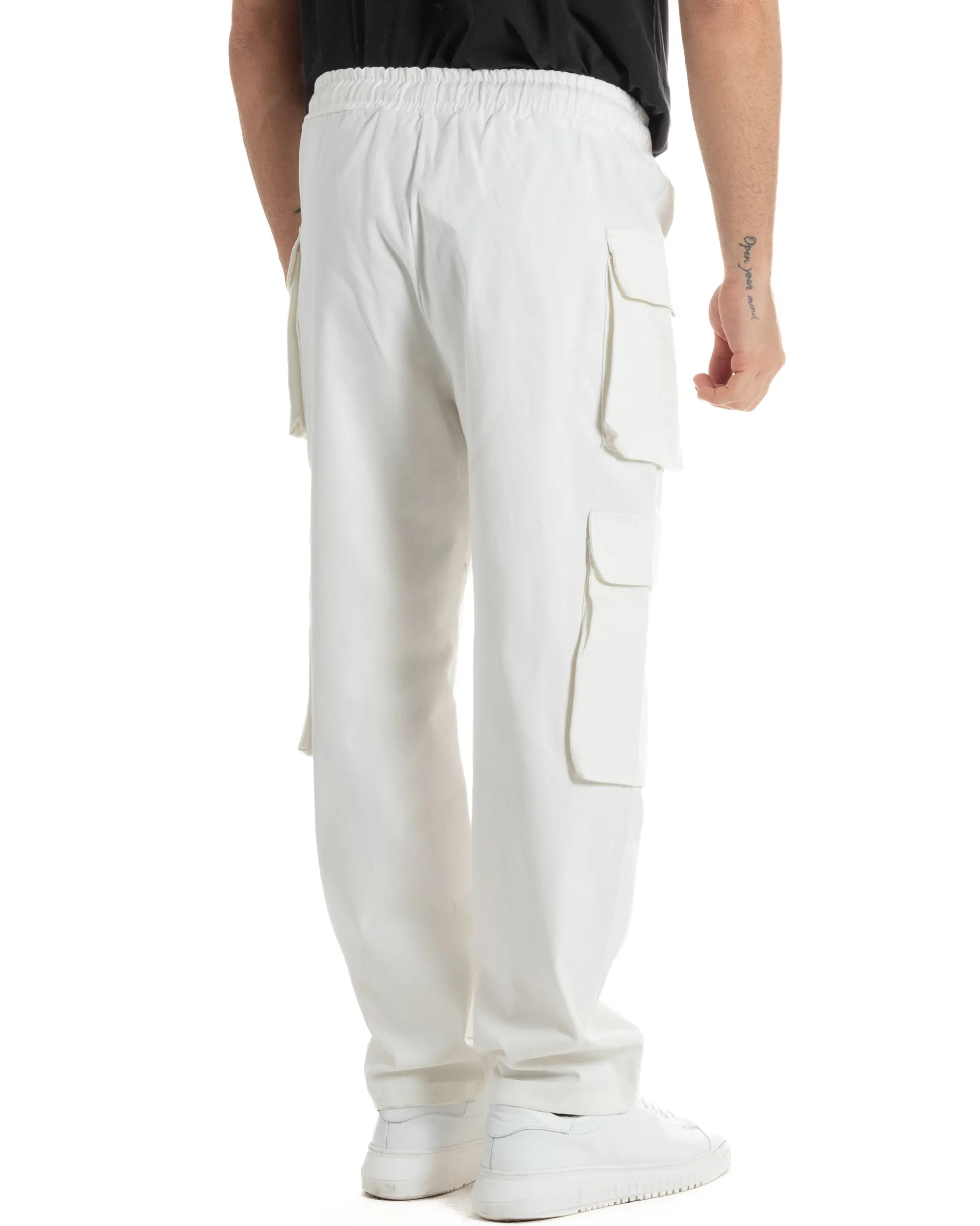 Pantaloni Uomo Pantalaccio Con Tasconi Cargo Baggy Bianco Con Coulisse Fondo Largo GIOSAL-P6007A