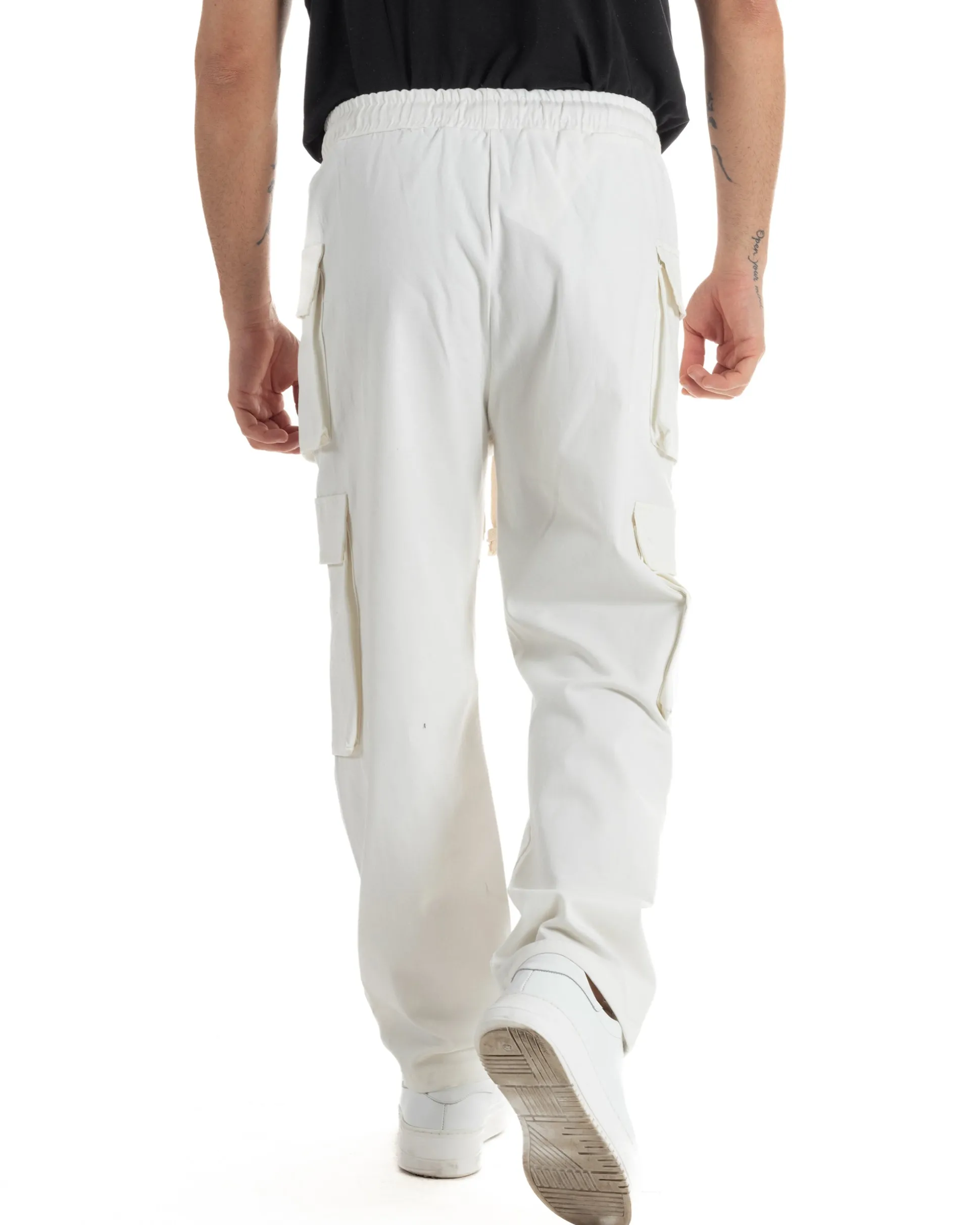 Pantaloni Uomo Pantalaccio Con Tasconi Cargo Baggy Bianco Con Coulisse Fondo Largo GIOSAL-P6007A