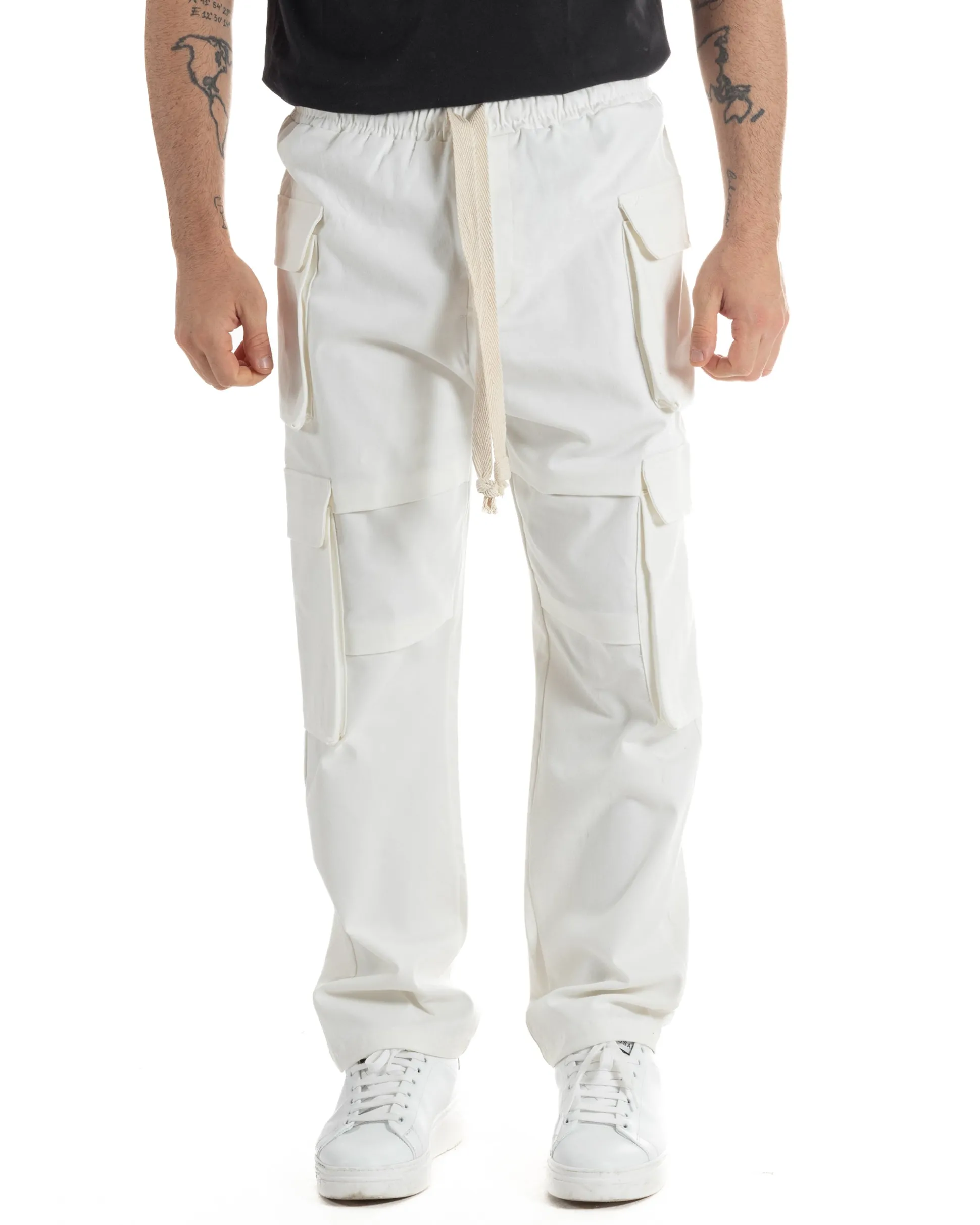 Pantaloni Uomo Pantalaccio Con Tasconi Cargo Baggy Bianco Con Coulisse Fondo Largo GIOSAL-P6007A