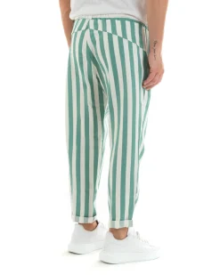 Pantaloni Uomo Pantalaccio Cotone Viscosa Lungo Jogger Casual Con Coulisse Con Elastico Rigato Verde GIOSAL-P5875A