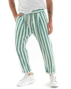Pantaloni Uomo Pantalaccio Cotone Viscosa Lungo Jogger Casual Con Coulisse Con Elastico Rigato Verde GIOSAL-P5875A