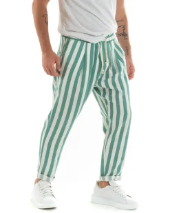 Pantaloni Uomo Pantalaccio Cotone Viscosa Lungo Jogger Casual Con Coulisse Con Elastico Rigato Verde GIOSAL-P5875A