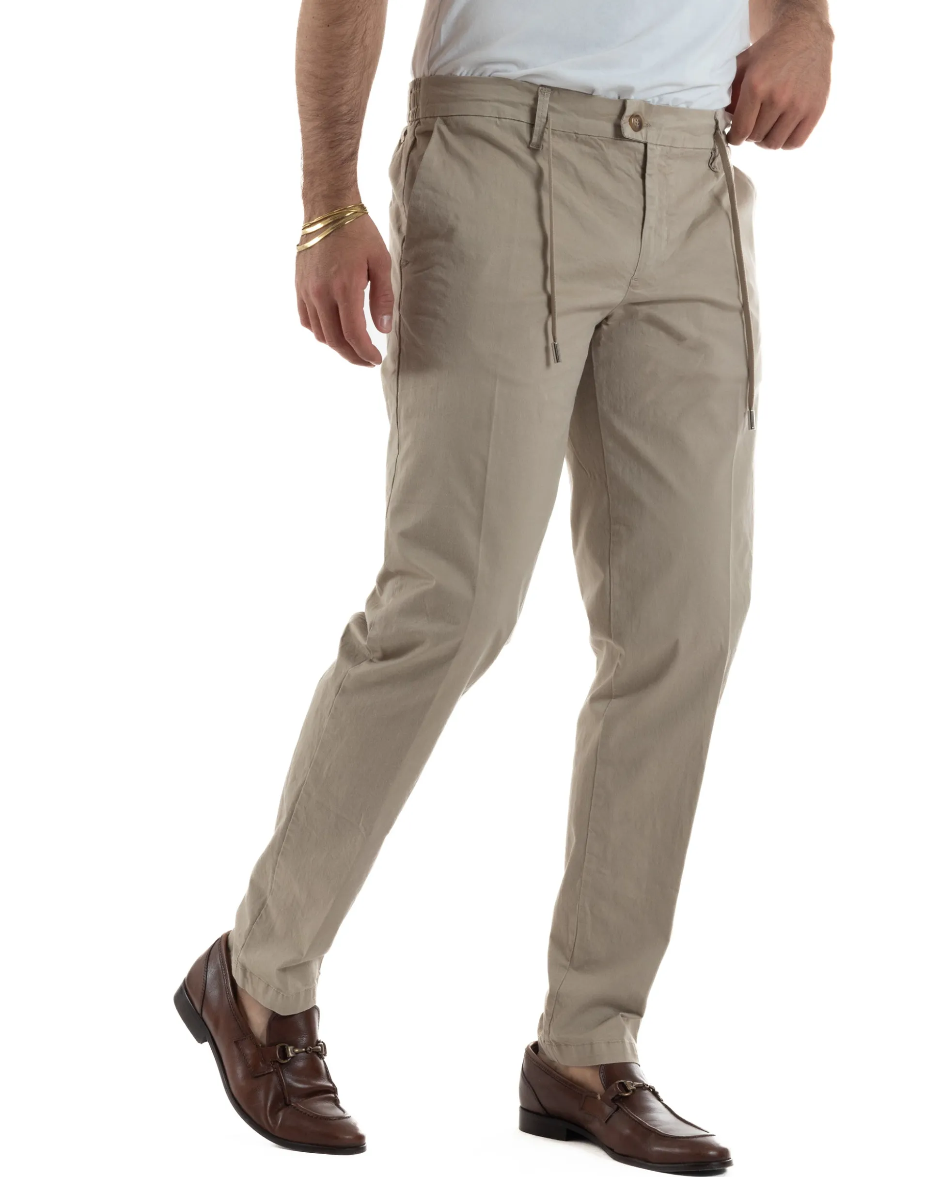 Pantaloni uomo pantalaccio chino tasche america elastico sul retro beige GIOSAL-P6493A