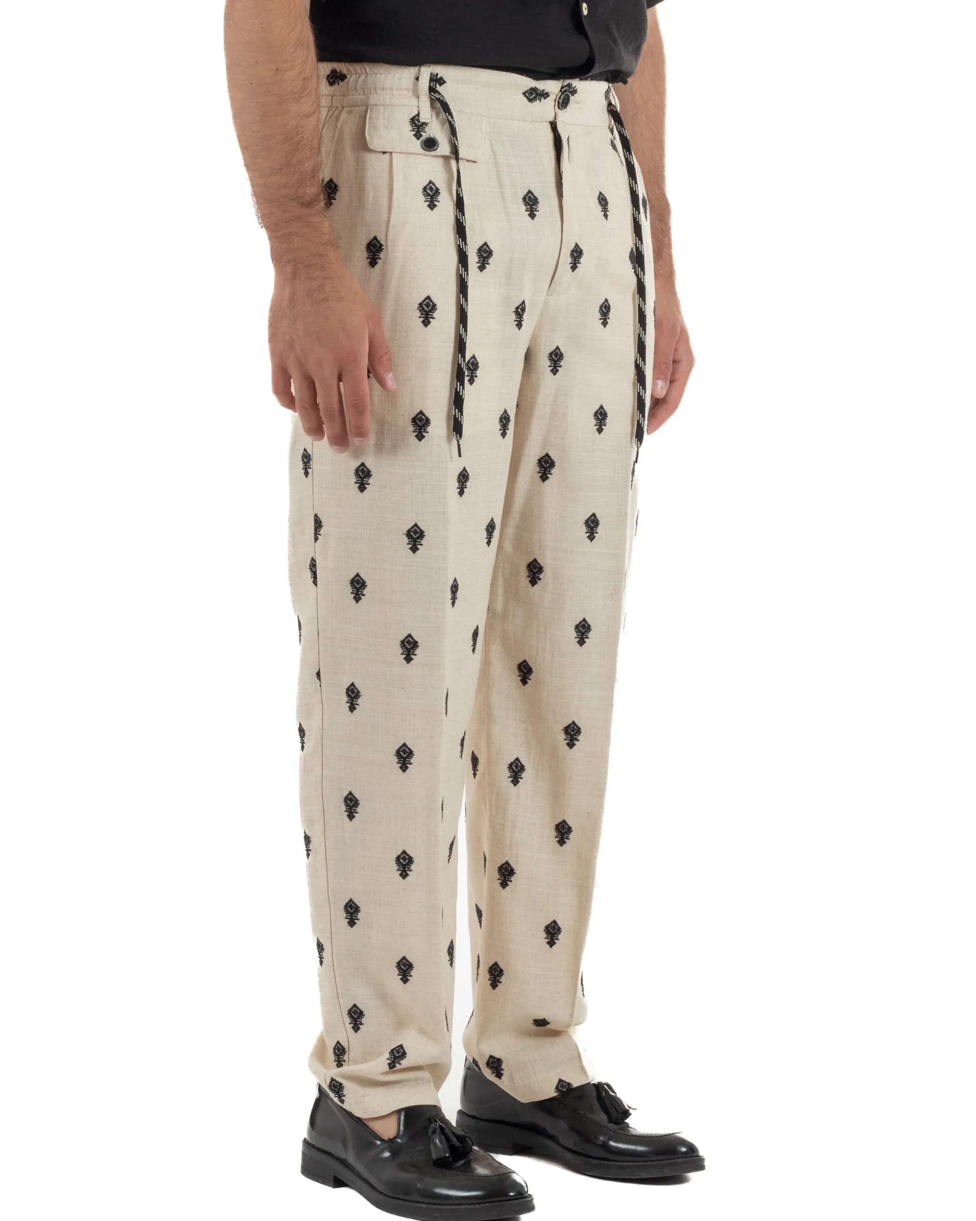 Pantaloni uomo pantalaccio lino ricamo cropped fit beige BERNA M-261402