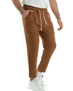 Pantaloni uomo pantalaccio lino jogger elastico camel GIOSAL-P5811A