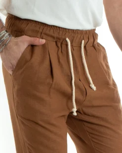 Pantaloni uomo pantalaccio lino jogger elastico camel GIOSAL-P5811A