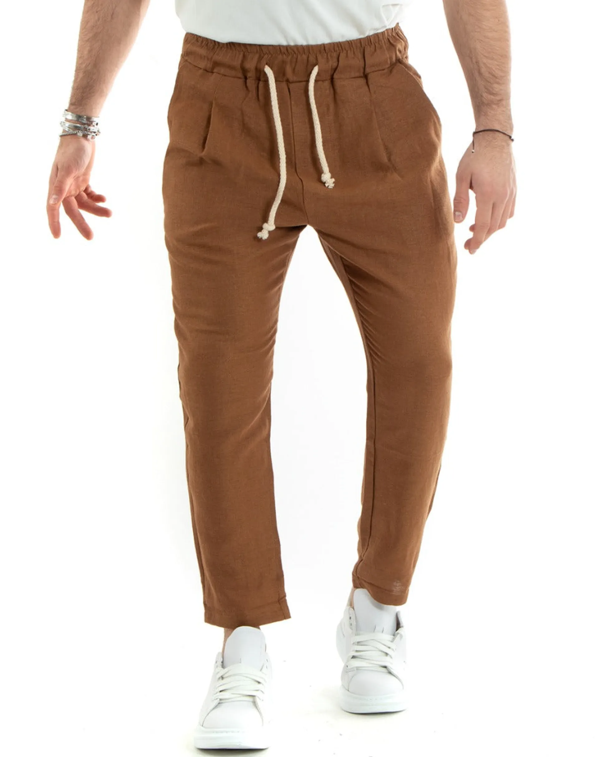 Pantaloni uomo pantalaccio lino jogger elastico camel GIOSAL-P5811A