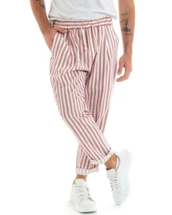 Pantaloni Uomo Pantalaccio Lungo Coulisse Elastico Cotone Viscosa Rigato Rosa GIOSAL-P5872A
