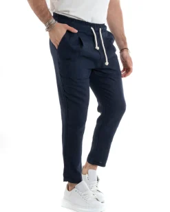 Pantaloni uomo pantalaccio lino jogger elastico blu GIOSAL-P5815A