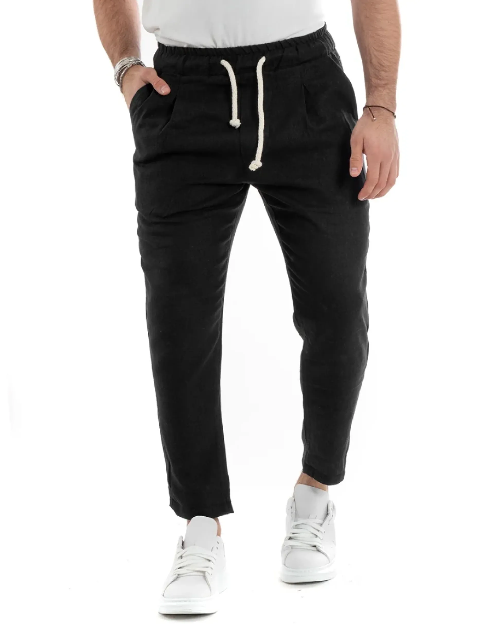 Pantaloni uomo pantalaccio lino jogger elastico nero GIOSAL-P5816A