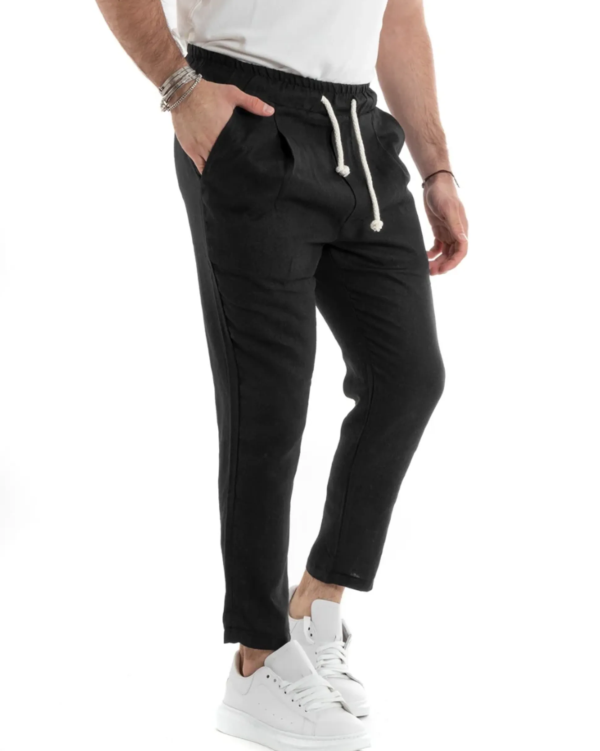 Pantaloni uomo pantalaccio lino jogger elastico nero GIOSAL-P5816A