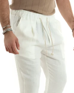 Pantaloni uomo pantalaccio lino jogger elastico bianco GIOSAL-P5818A
