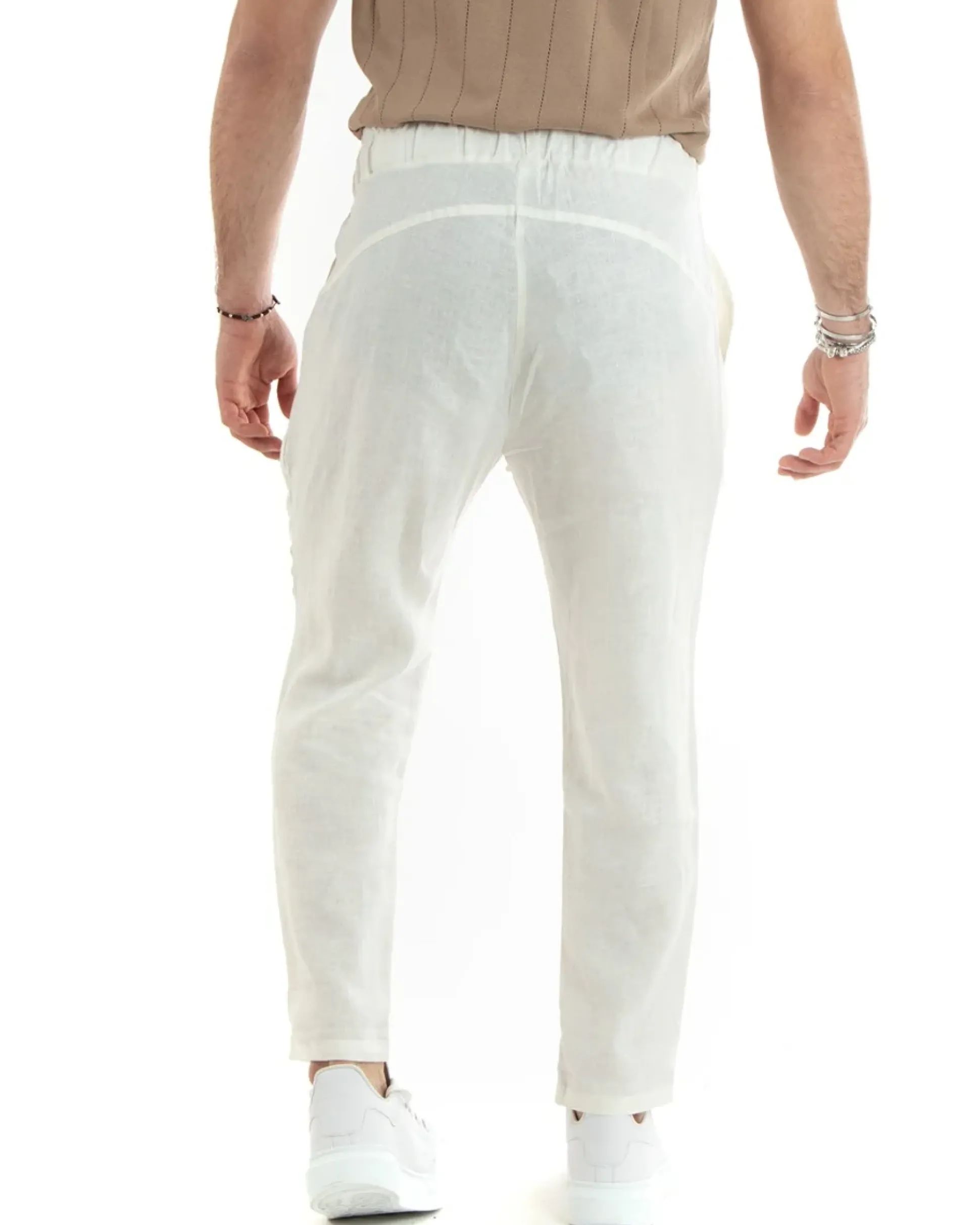 Pantaloni uomo pantalaccio lino jogger elastico bianco GIOSAL-P5818A