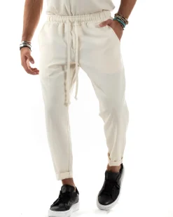 Pantaloni Uomo Pantalaccio Morbido Coulisse Viscosa Invernale Panna P6155A