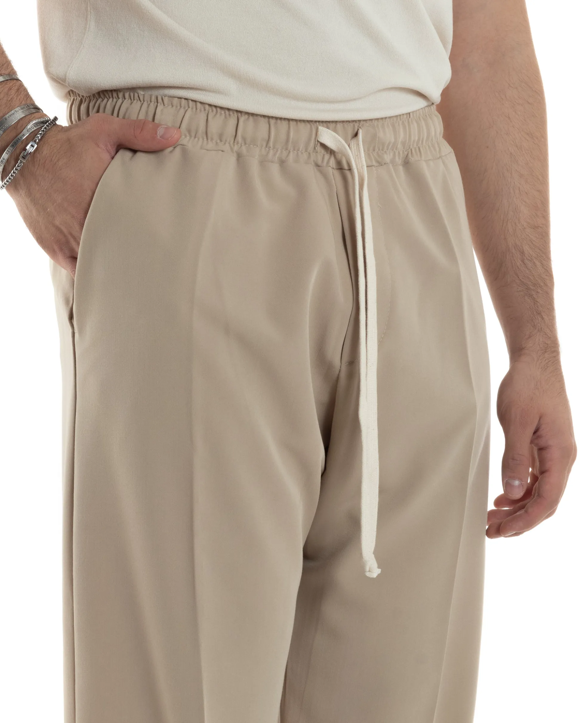 Pantaloni Uomo Pantalaccio Morbido Viscosa Baggy Fondo Largo Beige P6090A