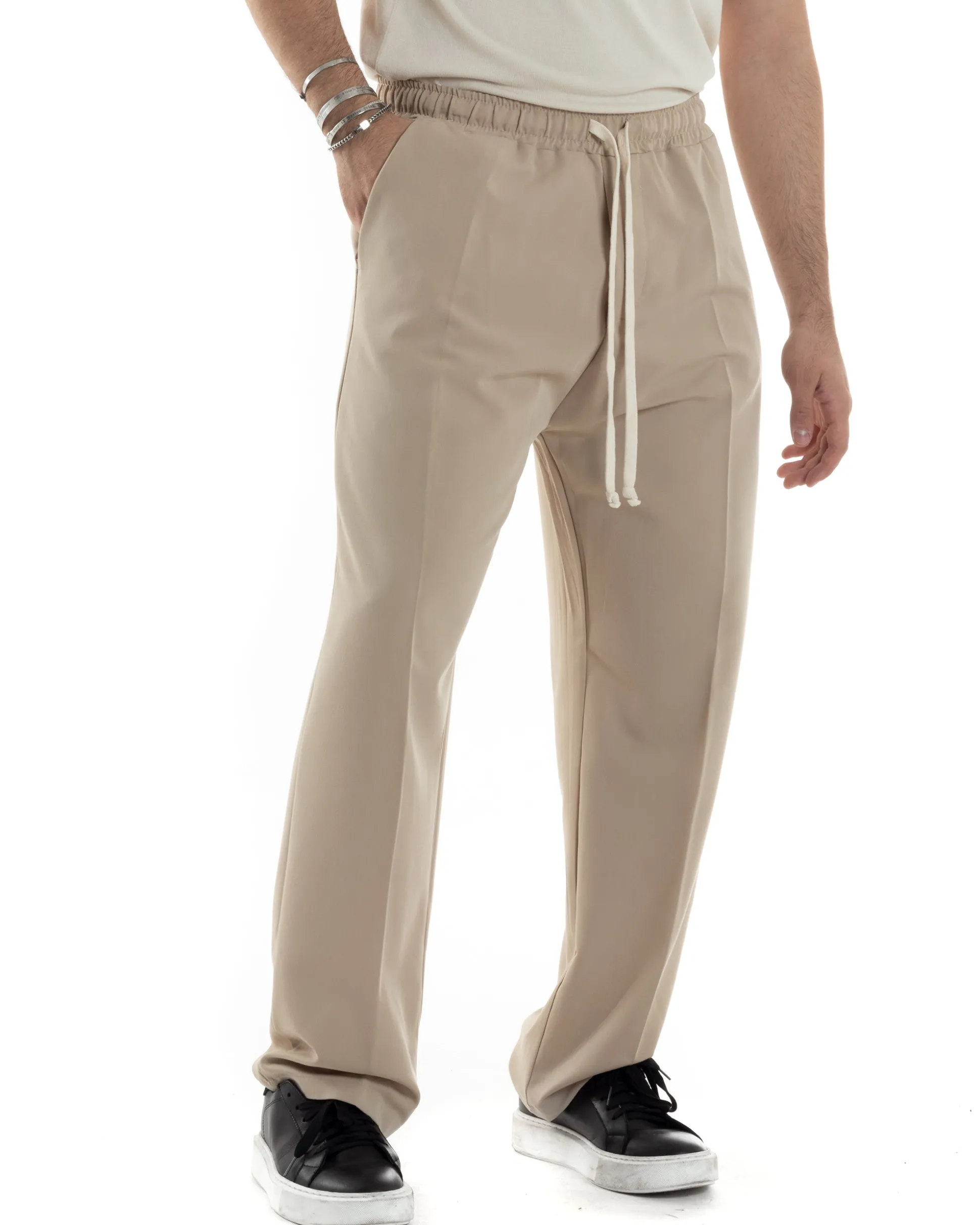 Pantaloni Uomo Pantalaccio Morbido Viscosa Baggy Fondo Largo Beige P6090A