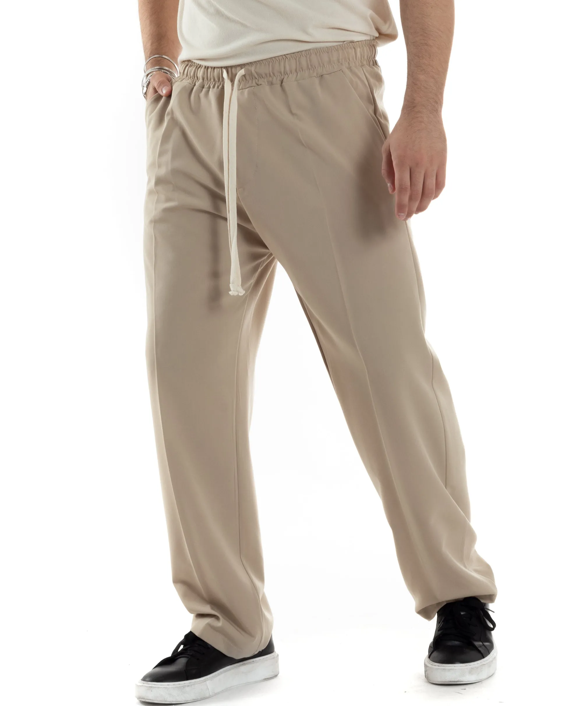 Pantaloni Uomo Pantalaccio Morbido Viscosa Baggy Fondo Largo Beige P6090A