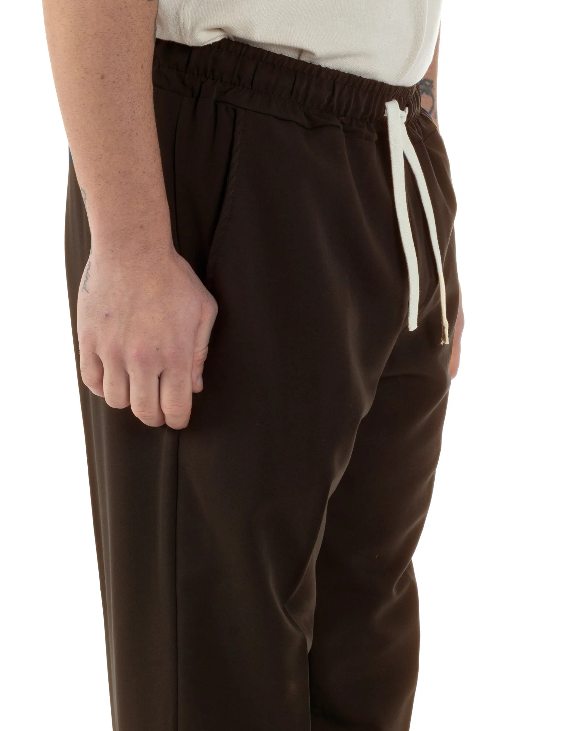 Pantaloni Uomo Pantalaccio Viscosa Morbido Regular Fit Coulisse Elastico Casual Tinta Unita Marrone GIOSAL-P6333A